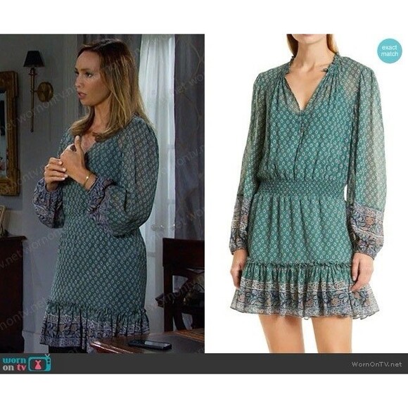 Veronica Beard Size 12 Destiny Smocked Waist V-Neck Seaglass Multi Silk Dress - Picture 6 of 12